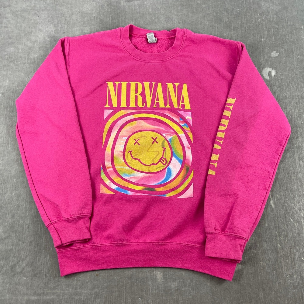 Nirvana Gildan Men S Pink Sweatshirt Psychedelic Smiley Face Graphic Pullover